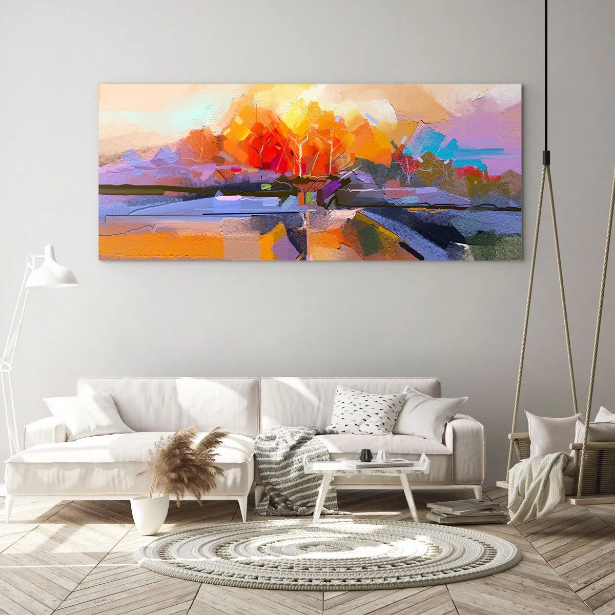 Glasbild - Bild auf glas - Eine abstrakte Landschaft mit intensiven Herbstfarben. - 160x50cm - Der Herbst ist geworden - Moderne Wanddekoration für Wohnzimmer und Schlafzimmer ARTTOR