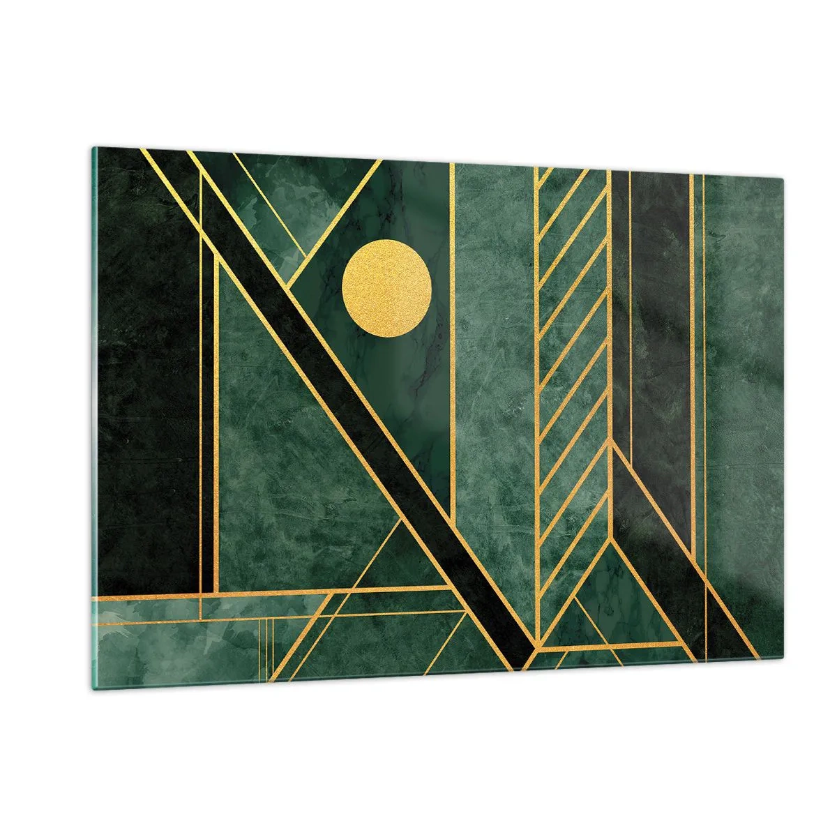 Glasbild - Bild auf glas - Grüne und goldene geometrische Abstraktion im Art-Deco-Stil - 120x80cm - Dynamik von Gold und Azurblau - Moderne Wanddekoration für Wohnzimmer und Schlafzimmer ARTTOR
