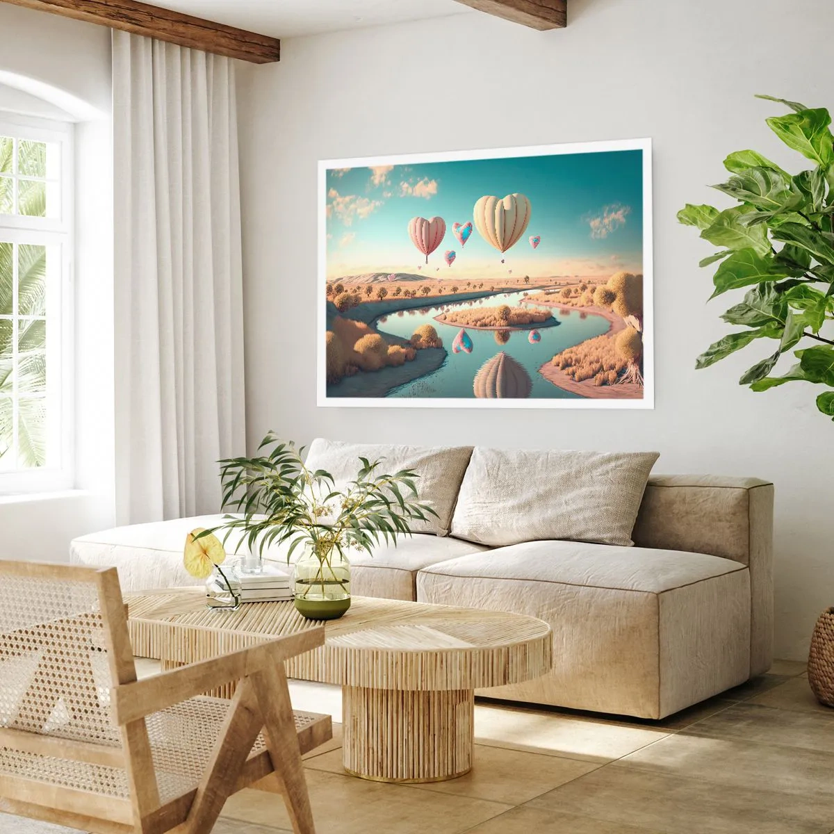Poster - Herzförmige Ballons schweben über der Landschaft - 100x70cm - Dank Liebe steigt man auf - Moderne Wanddekoration für Wohnzimmer und Schlafzimmer ARTTOR