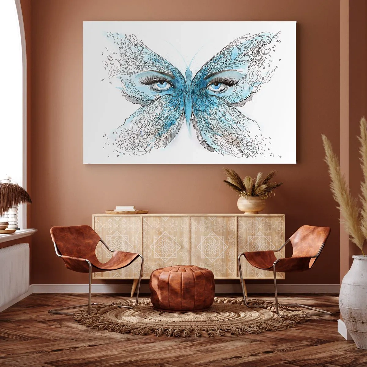 Bild auf Leinwand - Leinwandbild - Künstlerisches Aquarell eines Schmetterlings mit blauen Augen - 100x70cm - Eros Blaumeise - Moderne Wanddekoration für Wohnzimmer und Schlafzimmer ARTTOR