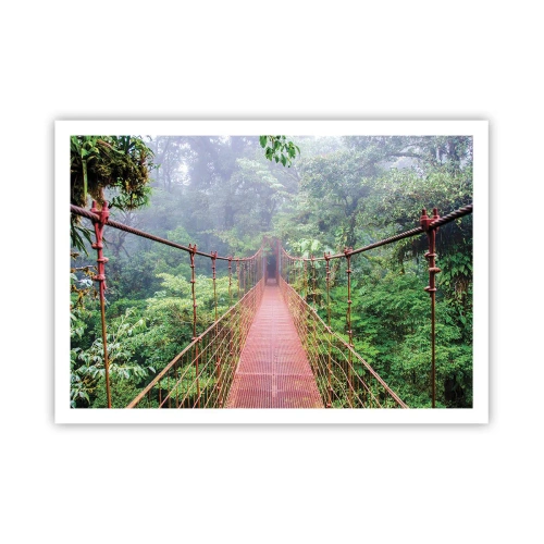 Poster - Eine Hängebrücke in einem tropischen Dschungel, umgeben von Nebel - 100x70cm - Über den Kronen aufgehängt - Moderne Wanddekoration für Wohnzimmer und Schlafzimmer ARTTOR