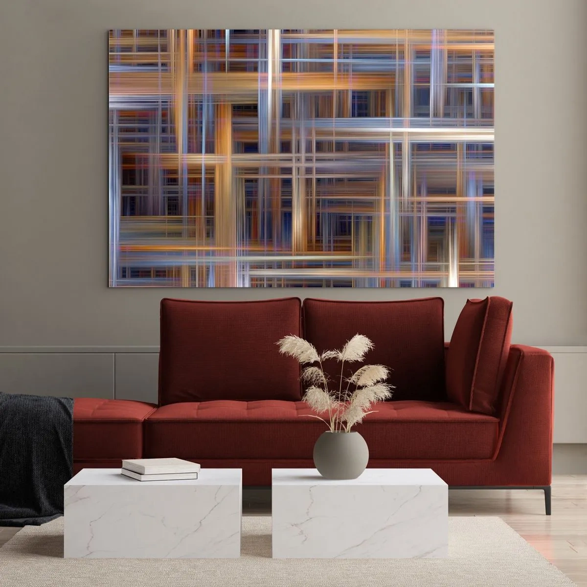 Glasbild - Bild auf glas - Geometrisches Muster aus Linien und Farben im abstrakten Stil - 120x80cm - Aus Licht gewebt - Moderne Wanddekoration für Wohnzimmer und Schlafzimmer ARTTOR