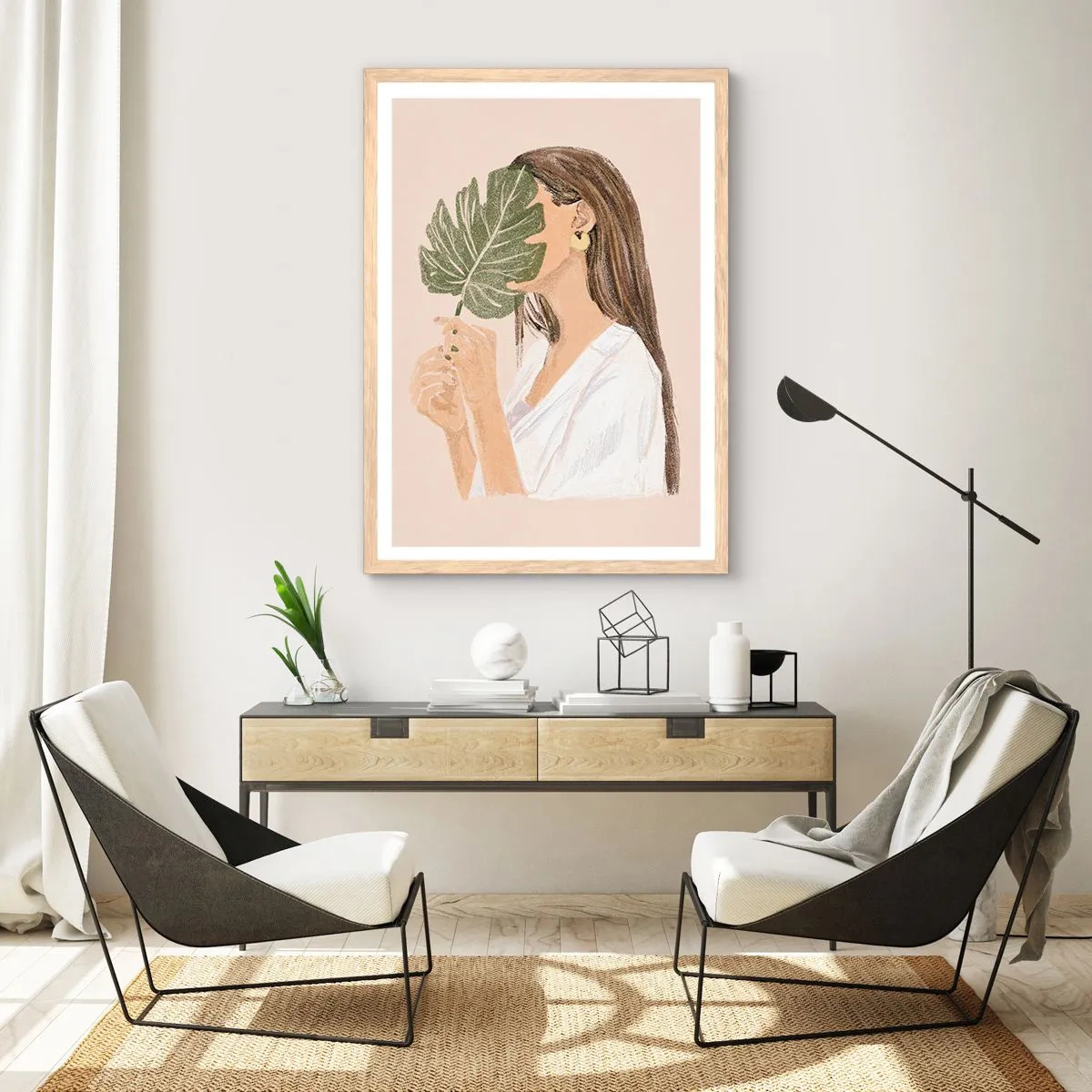 Poster in einem Rahmen aus heller Eiche - Geheimnisvolles Porträt mit Fächer - 61x91 cm