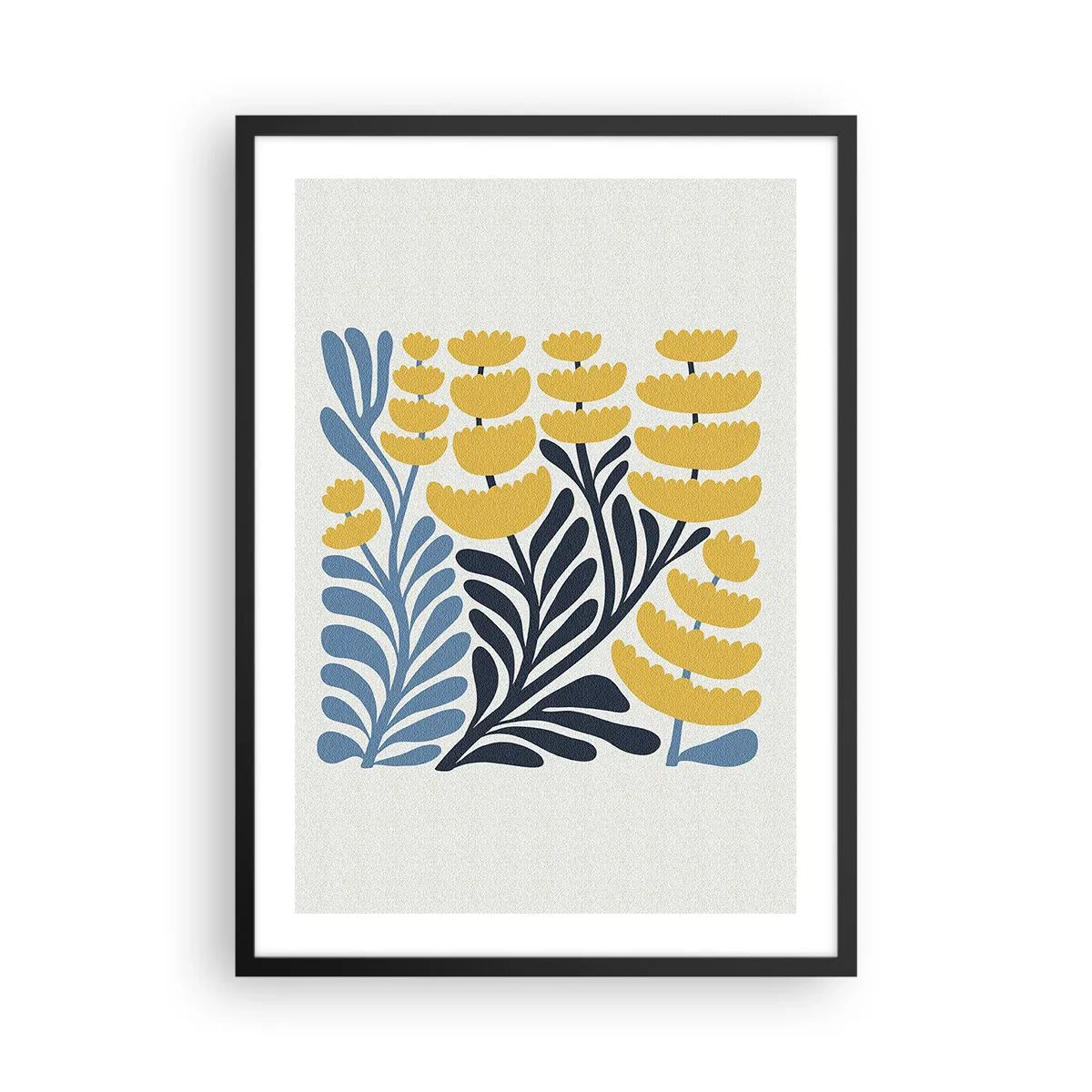 Poster in einem schwarzem Rahmen - Stilisierte gelbe und marineblaue Blumen im minimalistischen Stil - 50x70cm - Sonniges Blumenbeet - Moderne Wanddekoration für Wohnzimmer und Schlafzimmer ARTTOR