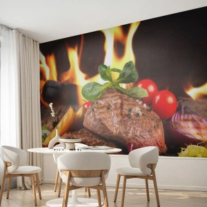 Fototapete Premium Sand - Von Hitze gezaubert - Gastronomie, Steak, Feuerflammen - 200x140 cm