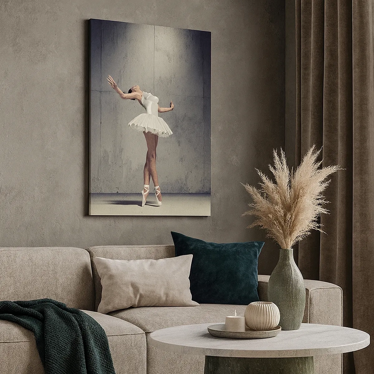 Bild auf Leinwand - Leinwandbild - Eine Balletttänzerin in einem weißen Kleid vor einer rohen Wand. - 50x70cm - Leicht wie ein Vogel - Moderne Wanddekoration für Wohnzimmer und Schlafzimmer ARTTOR