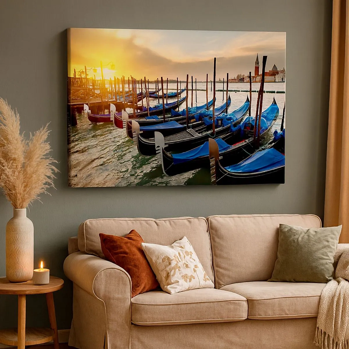 Bild auf Leinwand - Leinwandbild - Gondeln in Venedig am Morgen im Licht der aufgehenden Sonne - 70x50cm - Bevor das Summen kommt - Moderne Wanddekoration für Wohnzimmer und Schlafzimmer ARTTOR