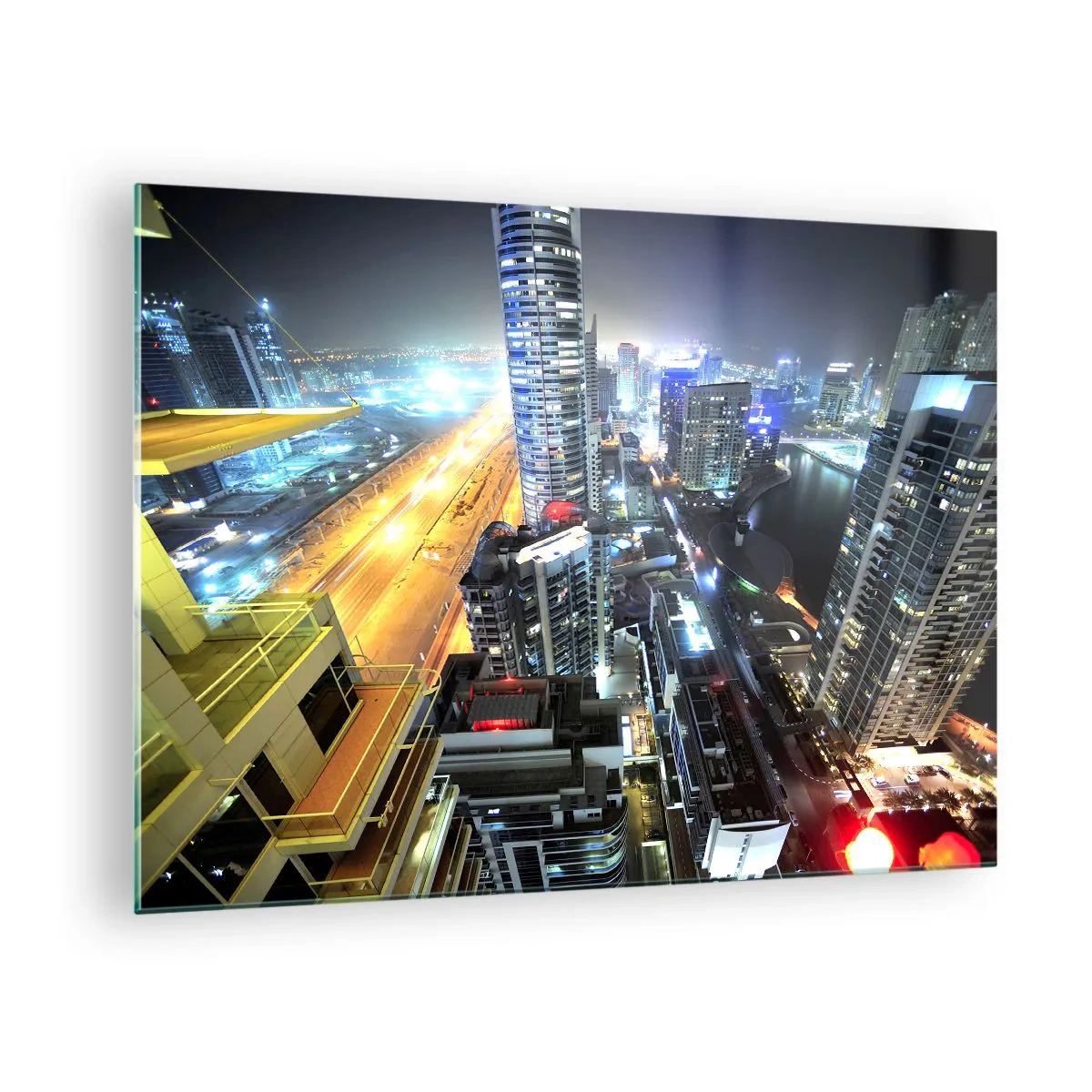 Glasbild - Bild auf glas - Panorama der nächtlichen Stadt mit beleuchteten Wolkenkratzern - 70x50cm - Ein Wunder in der Wüste - Moderne Wanddekoration für Wohnzimmer und Schlafzimmer ARTTOR