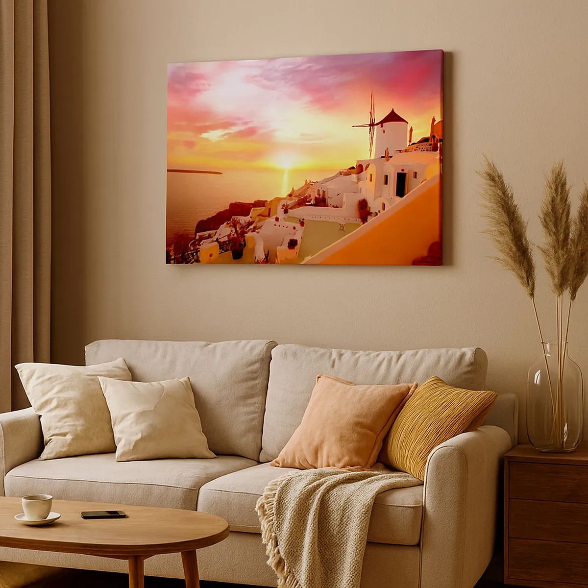 Bild auf Leinwand - Leinwandbild - Santorini bei Sonnenuntergang mit einer Windmühle - 70x50cm - In Weiß und Gold schmelzen - Moderne Wanddekoration für Wohnzimmer und Schlafzimmer ARTTOR
