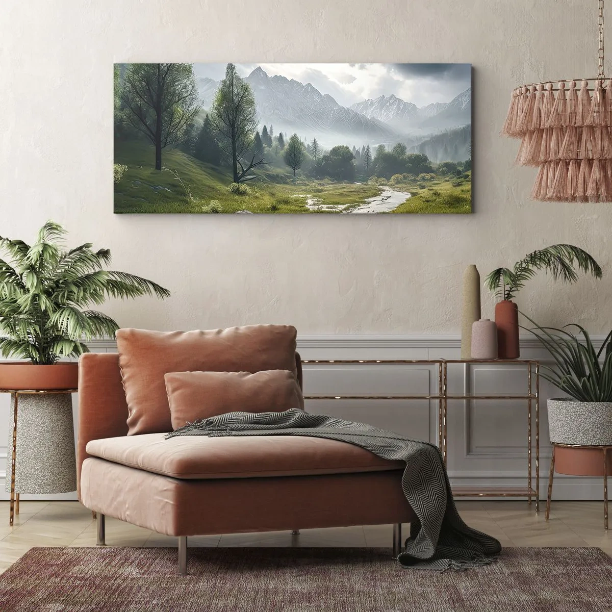 Bild auf Leinwand - Leinwandbild - Eine Berglandschaft mit einem Fluss und Bäumen, umgeben von nebligen Bergen - 120x50cm - Hin und zurück - Moderne Wanddekoration für Wohnzimmer und Schlafzimmer ARTTOR