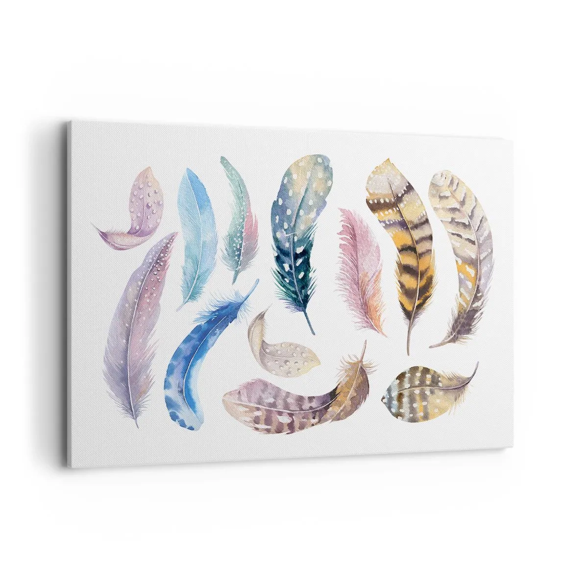 Bild auf Leinwand - Leinwandbild - Bunte Federn im zarten Aquarell-Stil - 120x80cm - Hell, bunt und bunt - Moderne Wanddekoration für Wohnzimmer und Schlafzimmer ARTTOR