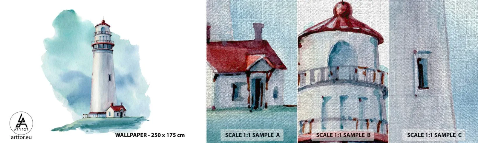 Fototapeten Muster Premium Canvas - Sanfte Schwester vom Blau - Leuchtturm, Strand, Zeichnung - 100x30 cm