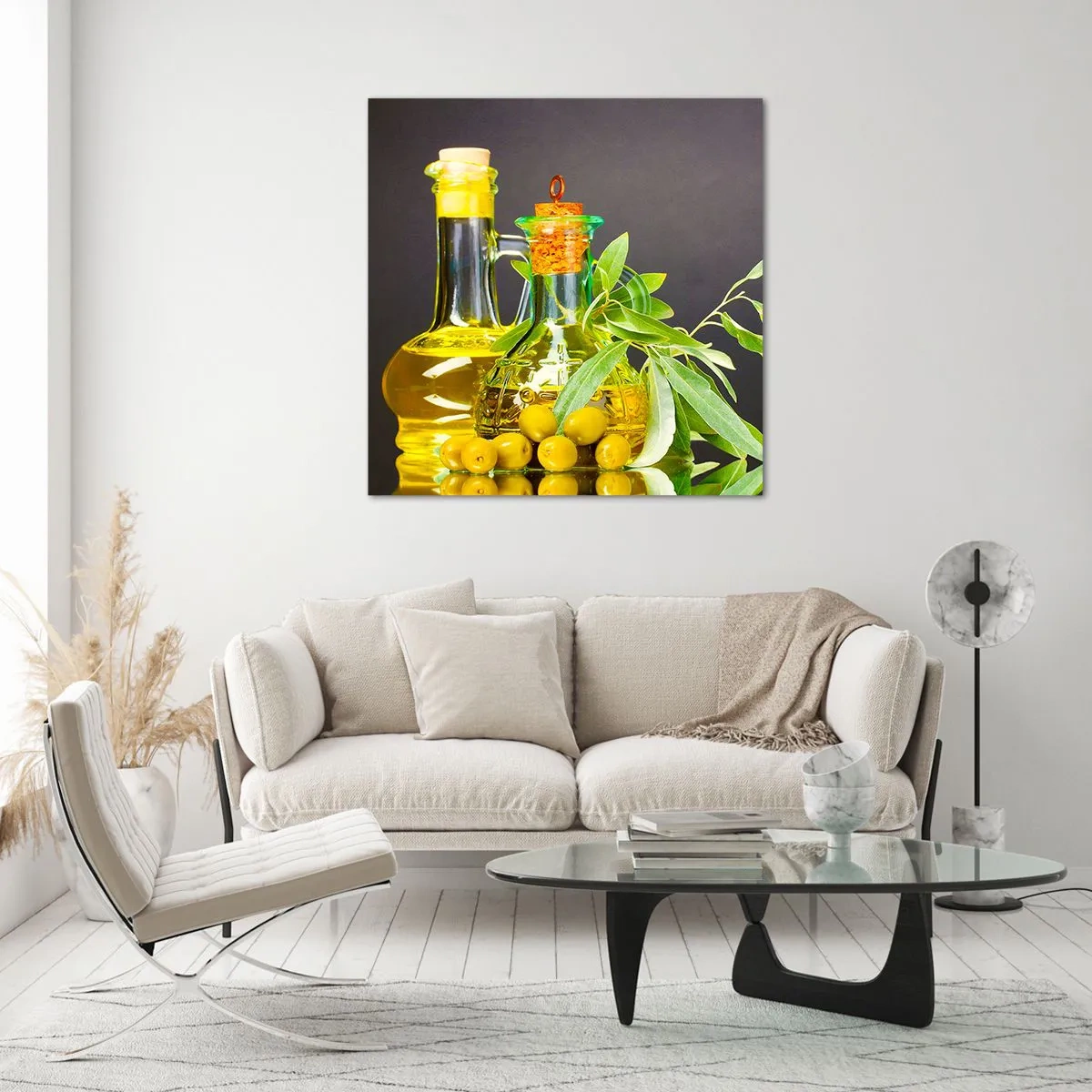 Glasbild - Bild auf glas - Stillleben mit Oliven und Olivenöl - 60x60 cm