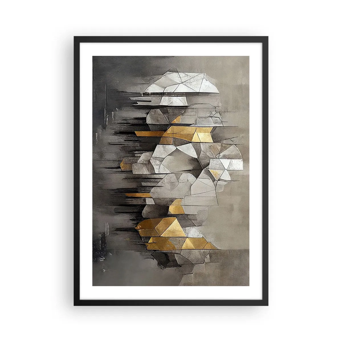 Poster in einem schwarzem Rahmen - Geometrische Abstraktion in Grau- und Goldtönen - 50x70cm - Komposition aus Eis und Licht - Moderne Wanddekoration für Wohnzimmer und Schlafzimmer ARTTOR