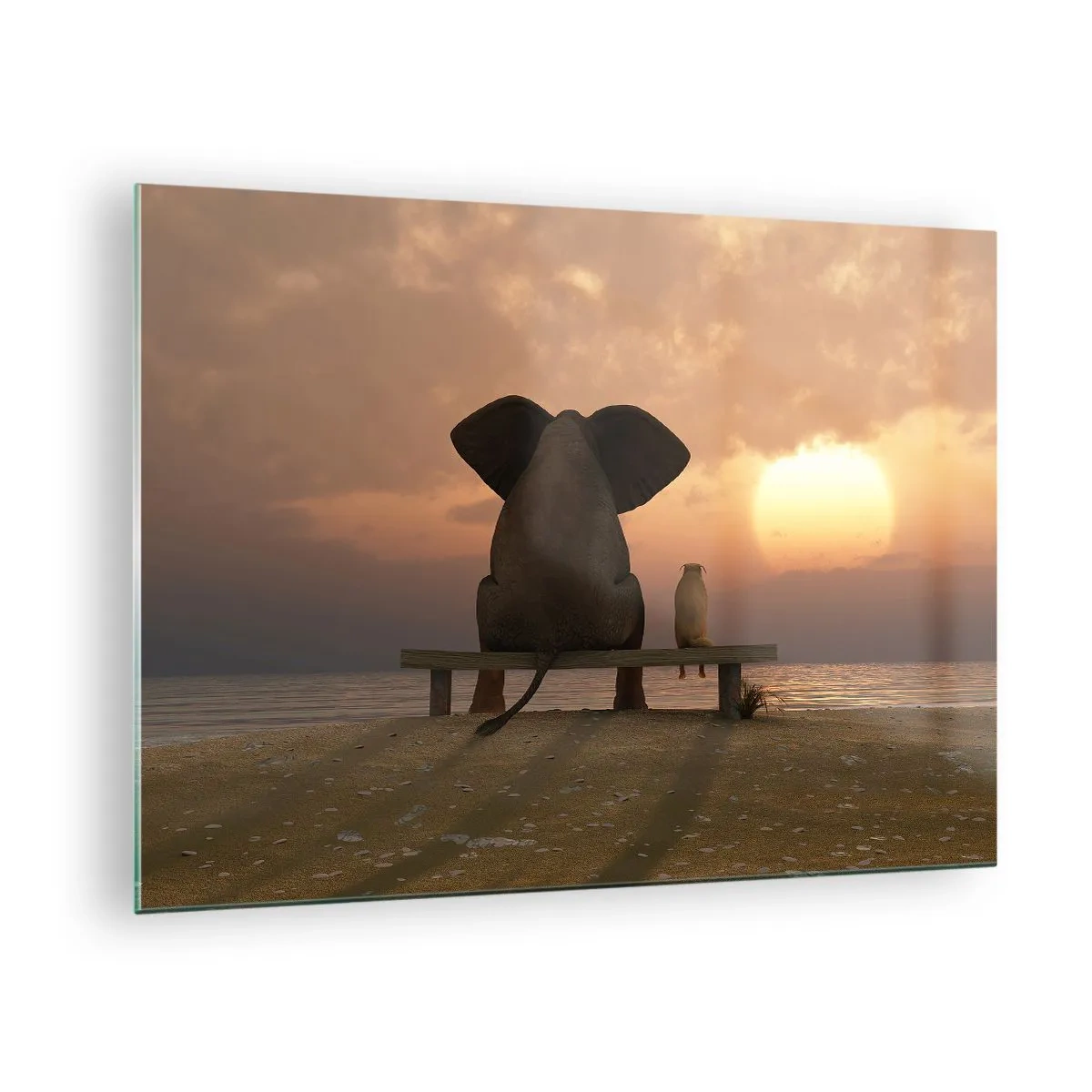 Glasbild - Bild auf glas - Elefant und Hund auf einer Bank bei Sonnenuntergang - 70x50cm - Es tut gut zusammen zu schweigen - Moderne Wanddekoration für Wohnzimmer und Schlafzimmer ARTTOR
