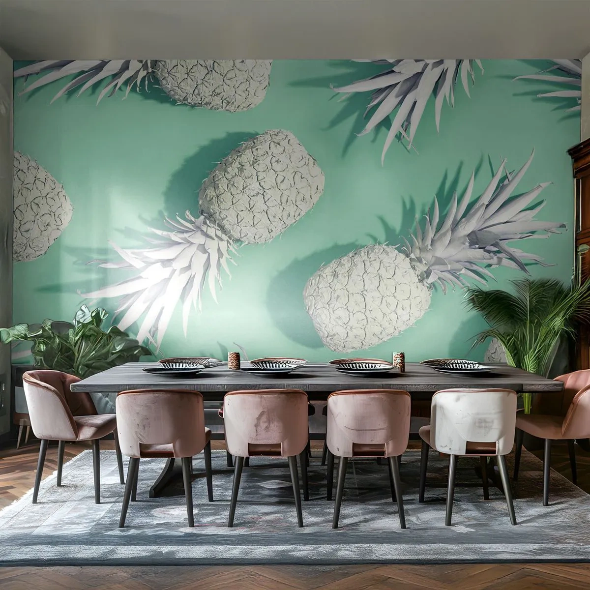 Fototapete Premium Sand - Stilvolle Ananas auf pastellfarbenem Hintergrund - 100x70cm - Das passt gut zu Minze - Moderne Wanddekoration für Wohnzimmer und Schlafzimmer ARTTOR