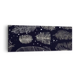 Bild auf Leinwand - Leinwandbild - Zarte weiße Federn auf marineblauem Hintergrund - 140x50cm - Gefiederte Spitze - Moderne Wanddekoration für Wohnzimmer und Schlafzimmer ARTTOR