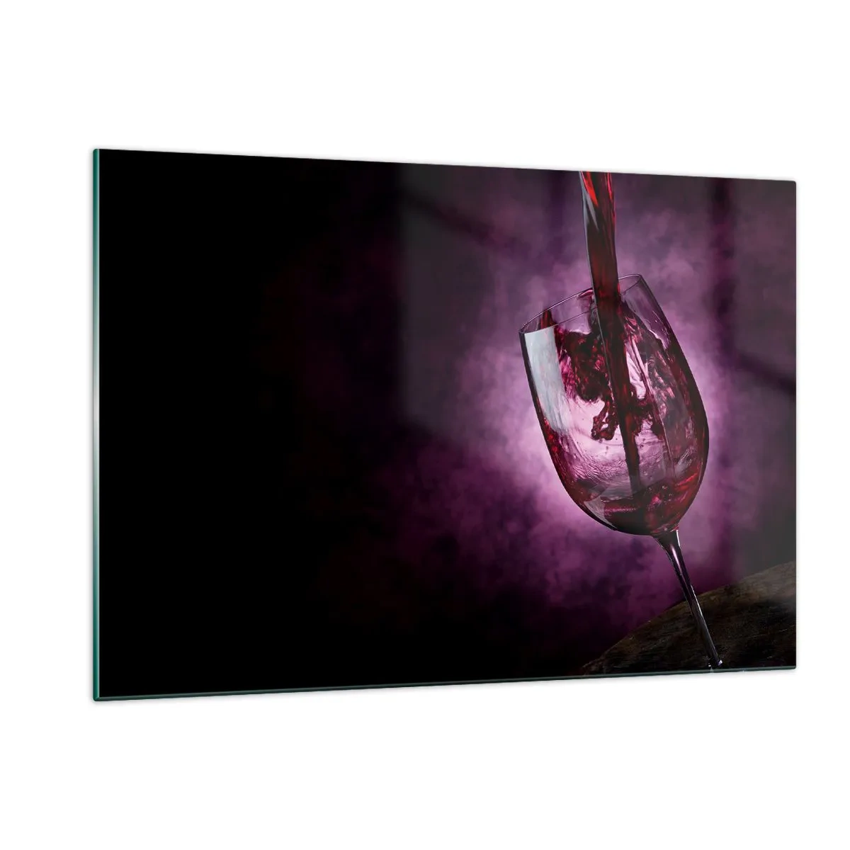 Glasbild - Bild auf glas - Rotwein wird vor violettem Hintergrund in ein Glas gegossen - 120x80cm - Scharlachrot? Karminrot? Nein, Rubin. - Moderne Wanddekoration für Wohnzimmer und Schlafzimmer ARTTOR