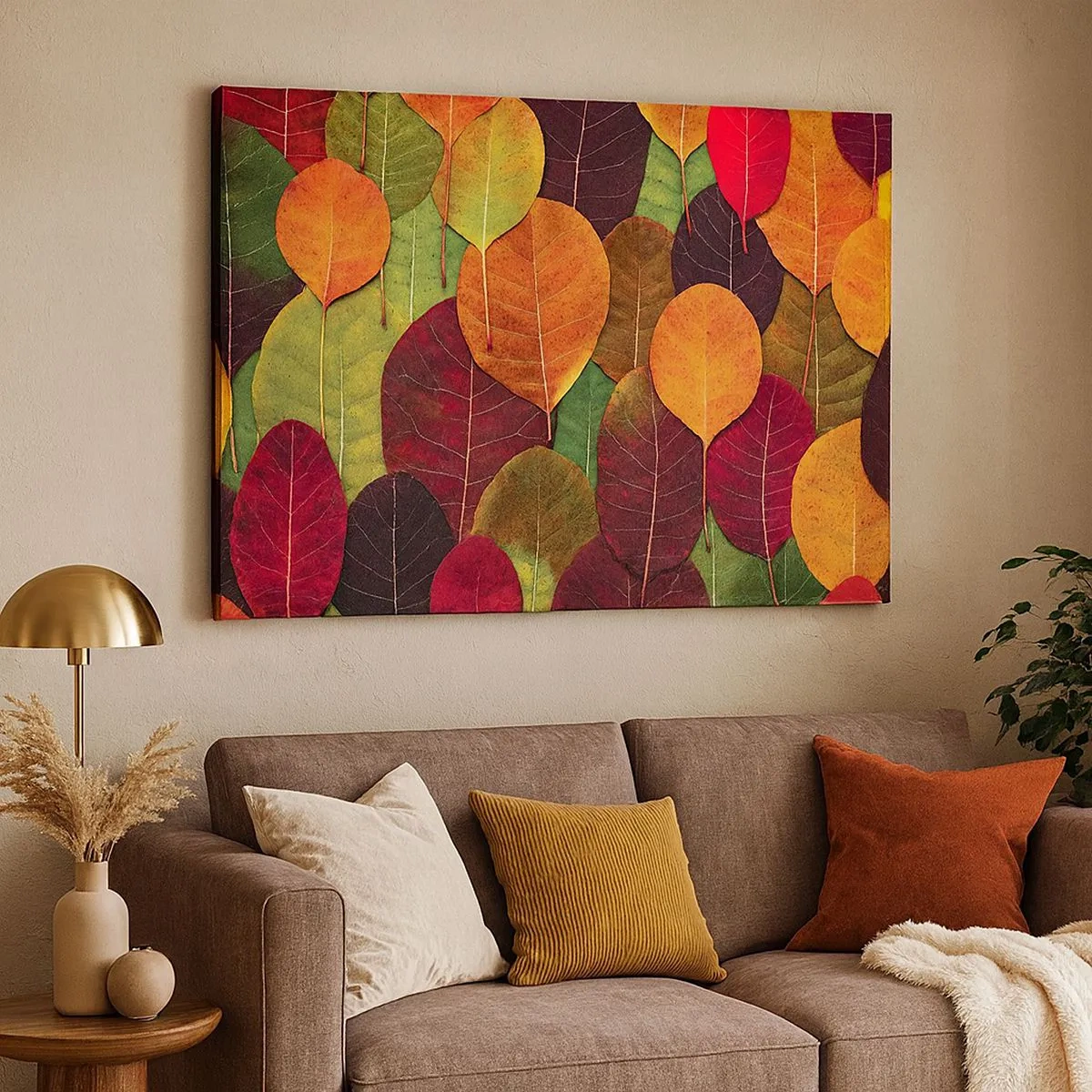 Bild auf Leinwand - Leinwandbild - Bunte Blätter in einem herbstlichen Muster angeordnet - 70x50cm - Herbstmosaik - Moderne Wanddekoration für Wohnzimmer und Schlafzimmer ARTTOR