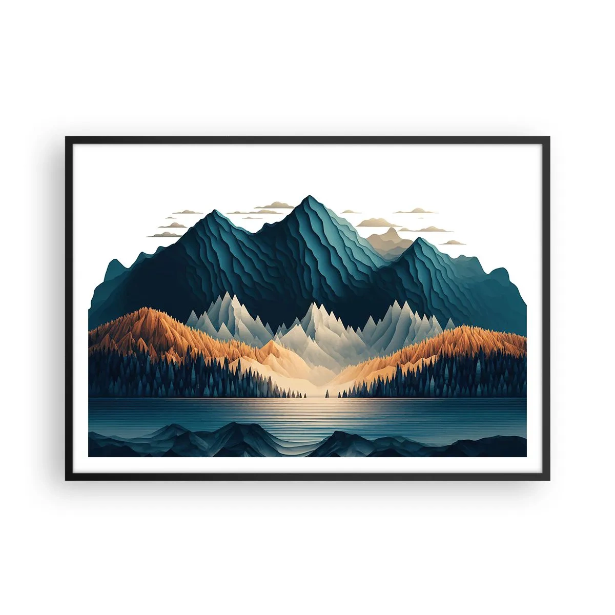 Poster in einem schwarzem Rahmen - Malerische Berge über dem See bei Sonnenuntergang - 100x70cm - Perfekte Berglandschaft - Moderne Wanddekoration für Wohnzimmer und Schlafzimmer ARTTOR