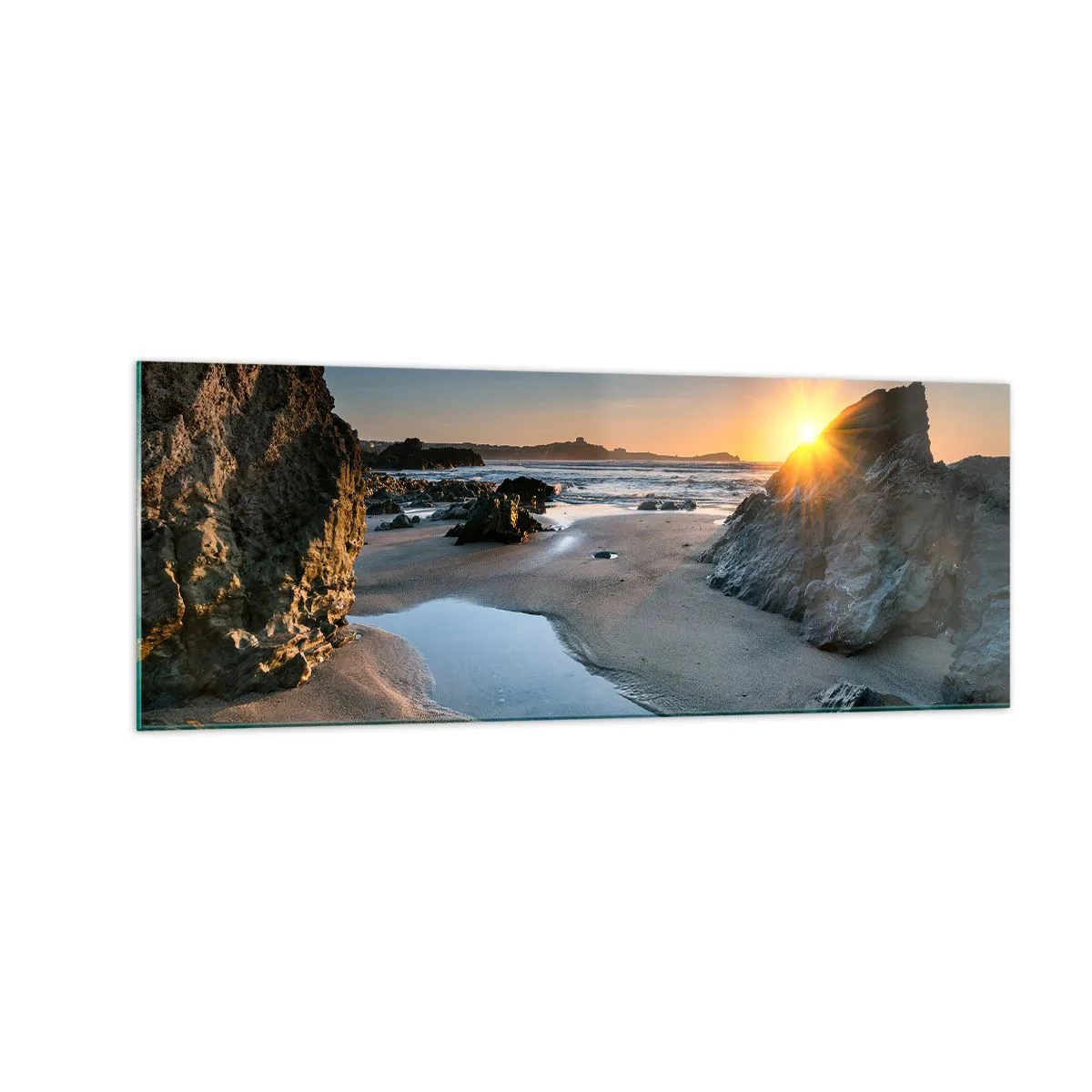 Glasbild - Bild auf glas - Malerischer Sonnenuntergang an einem felsigen Strand - 140x50cm - Unberührt von menschlicher Hand - Moderne Wanddekoration für Wohnzimmer und Schlafzimmer ARTTOR