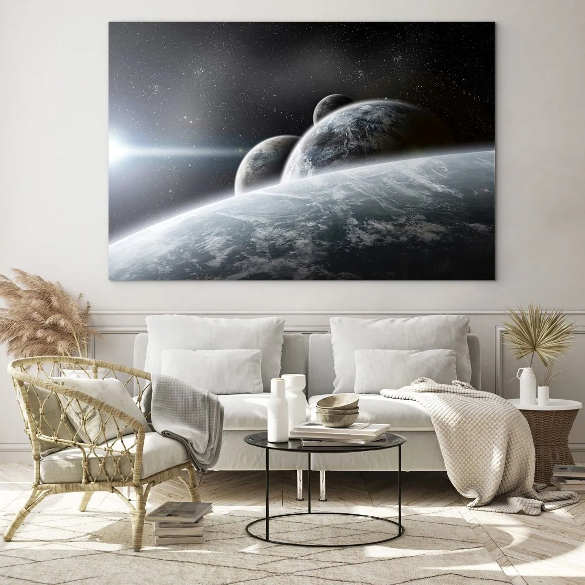 Glasbild - Bild auf glas - Planeten im Weltraum mit einem Lichtstrahl - 100x70cm - Kosmische Musik der Sphären - Moderne Wanddekoration für Wohnzimmer und Schlafzimmer ARTTOR