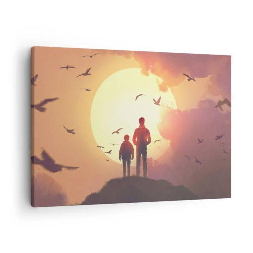 Bild auf Leinwand - Leinwandbild - Figuren vor dem Hintergrund der untergehenden Sonne - 70x50cm - Von Angesicht zu Angesicht mit der Sonne - Moderne Wanddekoration für Wohnzimmer und Schlafzimmer ARTTOR