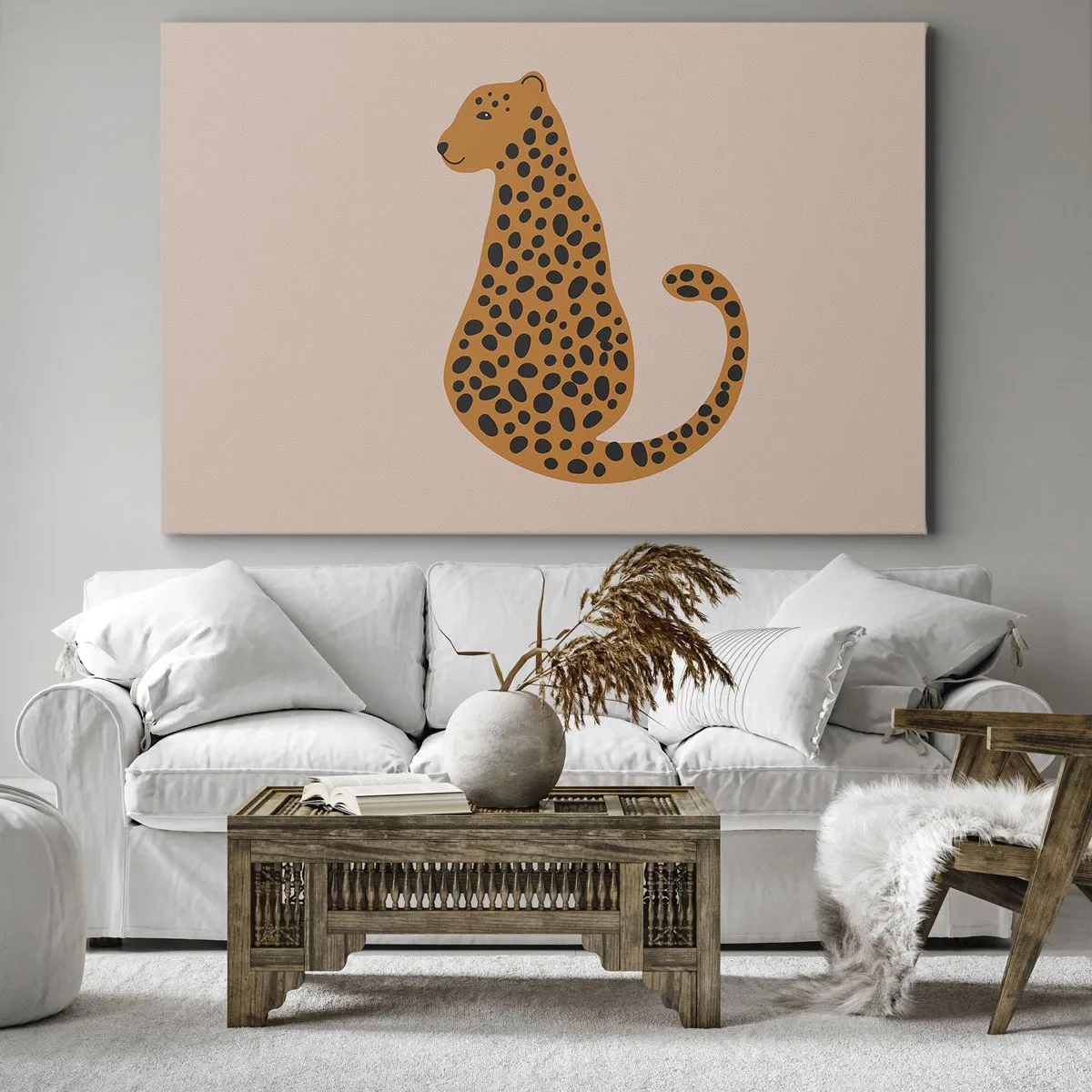 Bild auf Leinwand - Leinwandbild - Eine minimalistische Zeichnung eines Panthers auf beigem Hintergrund - 120x80cm - Leopardenmuster ist ein modisches Muster - Moderne Wanddekoration für Wohnzimmer und Schlafzimmer ARTTOR