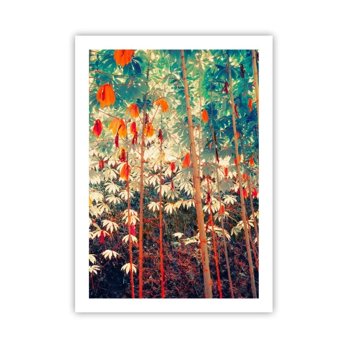 Poster - Ein farbenfroher tropischer Wald, dominiert von Rot und Grün - 50x70cm - Das geheime Leben der Blätter - Moderne Wanddekoration für Wohnzimmer und Schlafzimmer ARTTOR