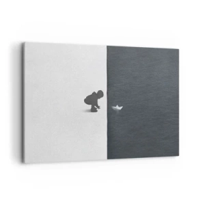 Bild auf Leinwand - Leinwandbild - Eine Kinderfigur mit einem Papierboot vor einem Hintergrund aus kontrastierenden Hälften - 100x70cm - Tolle Expedition - Moderne Wanddekoration für Wohnzimmer und Schlafzimmer ARTTOR