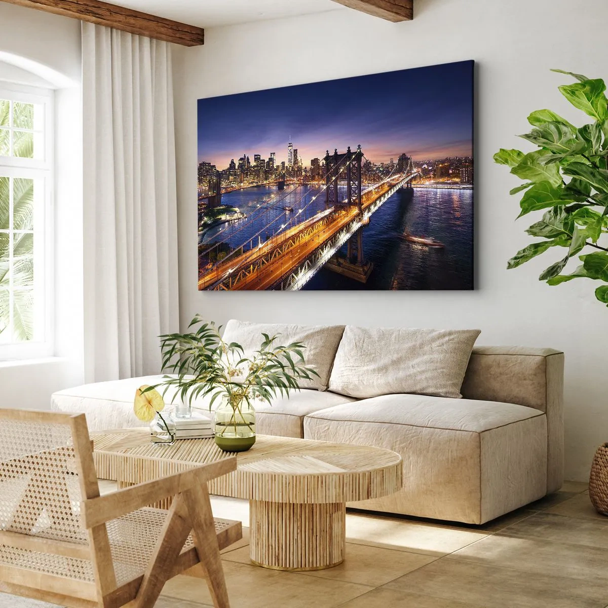 Bild auf Leinwand - Leinwandbild - Die Brücke und das Stadtpanorama bei Sonnenuntergang - 70x50cm - Eine leuchtende Brücke zum Herzen der Stadt - Moderne Wanddekoration für Wohnzimmer und Schlafzimmer ARTTOR