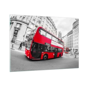 Glasbild - Bild auf glas - Ein roter Bus in Bewegung vor der Kulisse der Londoner Straßen - 100x70cm - London traditionell - mit dem Bus - Moderne Wanddekoration für Wohnzimmer und Schlafzimmer ARTTOR