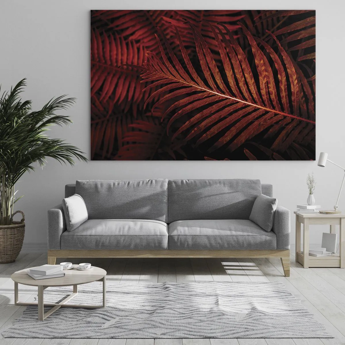 Glasbild - Bild auf glas - Rote Blätter einer tropischen Pflanze auf dunklem Hintergrund - 100x70cm - Die Hitze des Lebens - Moderne Wanddekoration für Wohnzimmer und Schlafzimmer ARTTOR