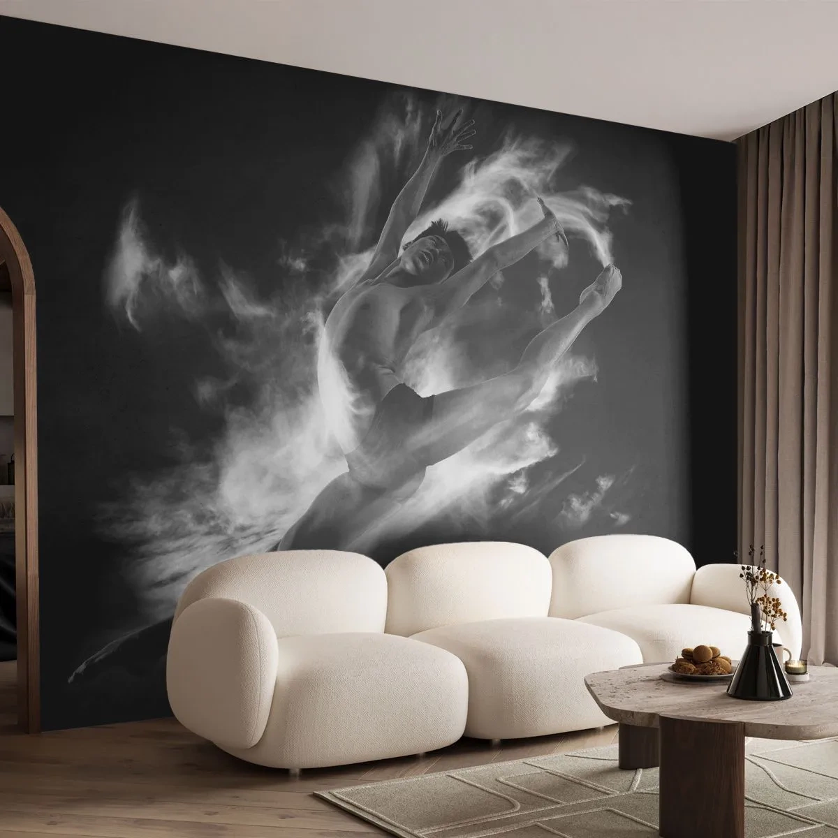 Fototapete Premium Sand - Tänzerin im dynamischen Sprung mit Raucheffekt - 100x70cm - Im Flug hängen geblieben - Moderne Wanddekoration für Wohnzimmer und Schlafzimmer ARTTOR