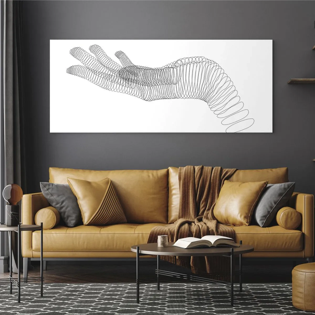 Glasbild - Bild auf glas - Eine minimalistische Illustration einer Hand aus schwarzen Punkten auf weißem Hintergrund. - 160x50cm - Federnde Hand - Moderne Wanddekoration für Wohnzimmer und Schlafzimmer ARTTOR