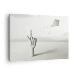 Bild auf Leinwand - Leinwandbild - Eine minimalistische Holzhand mit einem Drachen vor einem Landschaftshintergrund. - 70x50cm - Kraftprobe - Moderne Wanddekoration für Wohnzimmer und Schlafzimmer ARTTOR