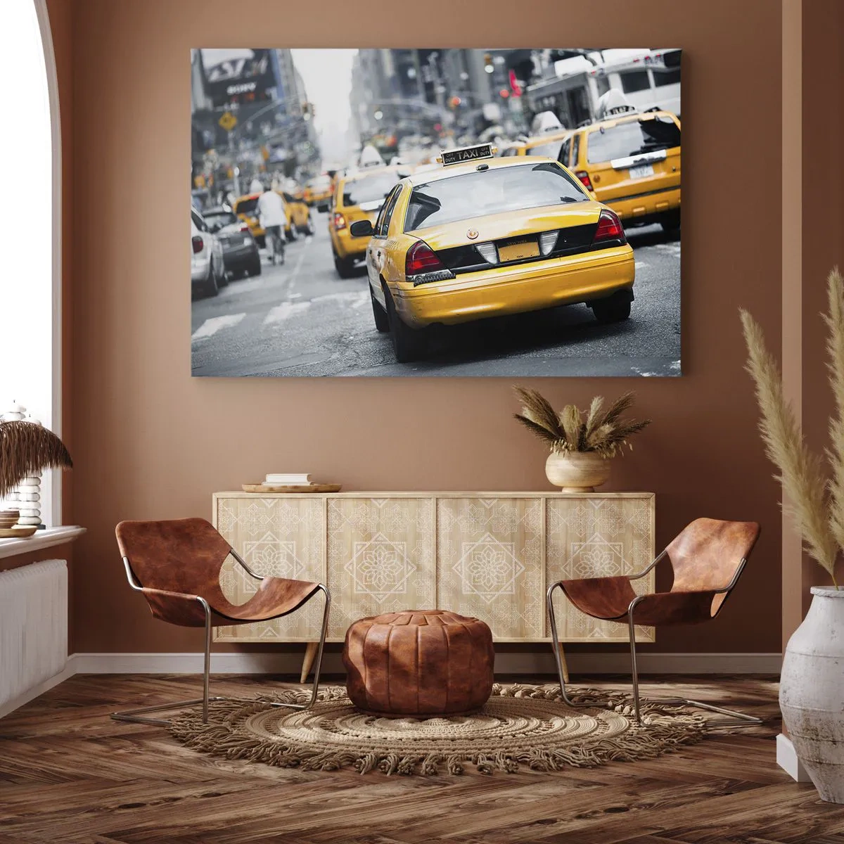 Bild auf Leinwand - Leinwandbild - Gelbe Taxis auf einer belebten Stadtstraße im Zentrum der Metropole - 120x80cm - Nur in dieser Stadt - Moderne Wanddekoration für Wohnzimmer und Schlafzimmer ARTTOR