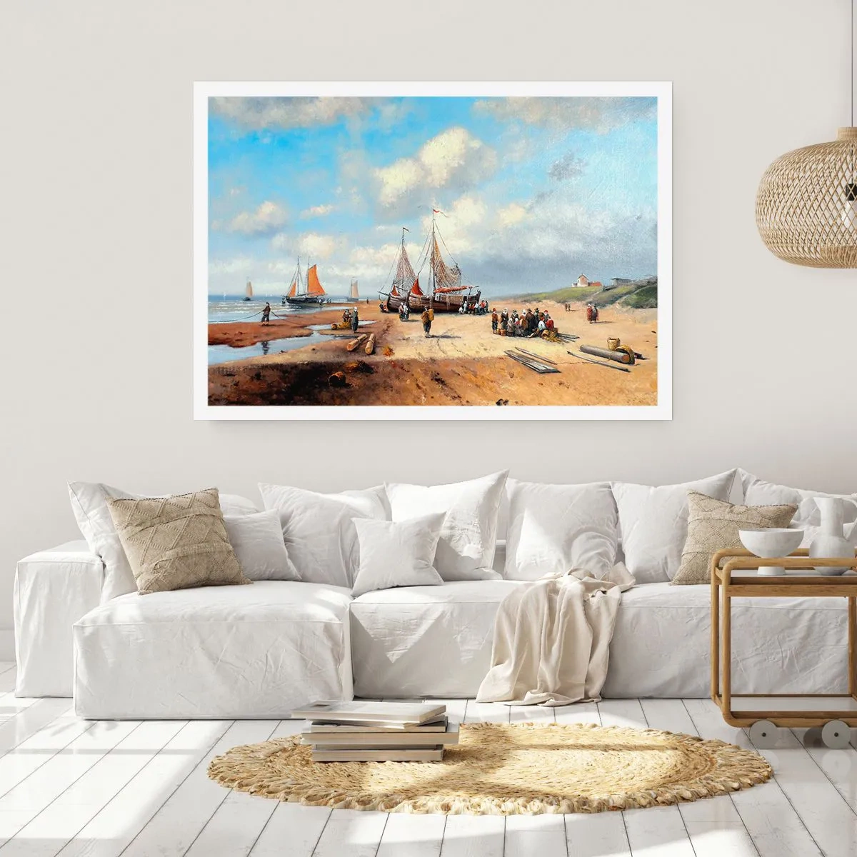 Poster - Fischerboote am Strand mit menschlichen Figuren - 100x70cm - Nach einem erfolgreichen Fischfang - Moderne Wanddekoration für Wohnzimmer und Schlafzimmer ARTTOR