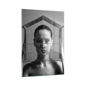 Glasbild - Bild auf glas - Frau mit einem hausförmigen Käfig im Gesicht in Schwarzweiß - 50x70cm - Ein leicht surreales Portrait - Moderne Wanddekoration für Wohnzimmer und Schlafzimmer ARTTOR