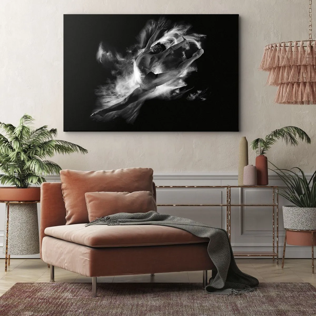 Bild auf Leinwand - Leinwandbild - Eine Tänzerin in dynamischer Pose vor schwarzem Hintergrund - 120x80cm - Im Flug hängen geblieben - Moderne Wanddekoration für Wohnzimmer und Schlafzimmer ARTTOR
