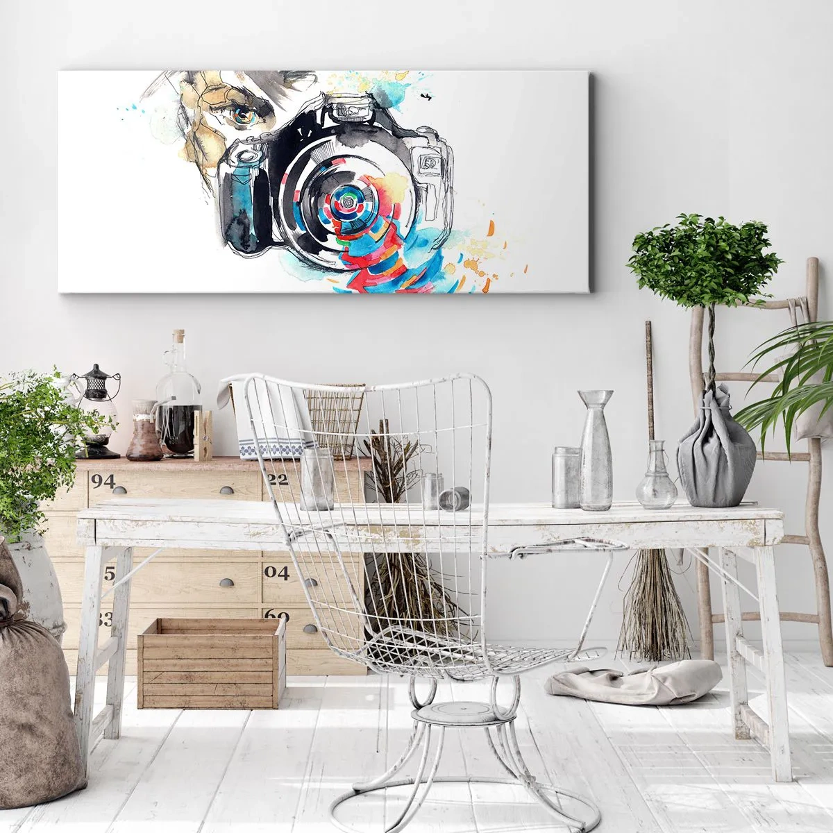 Bild auf Leinwand - Leinwandbild - Aquarellkamera mit farbenfrohen Details - 160x50cm - Im Auge der Linse - Moderne Wanddekoration für Wohnzimmer und Schlafzimmer ARTTOR