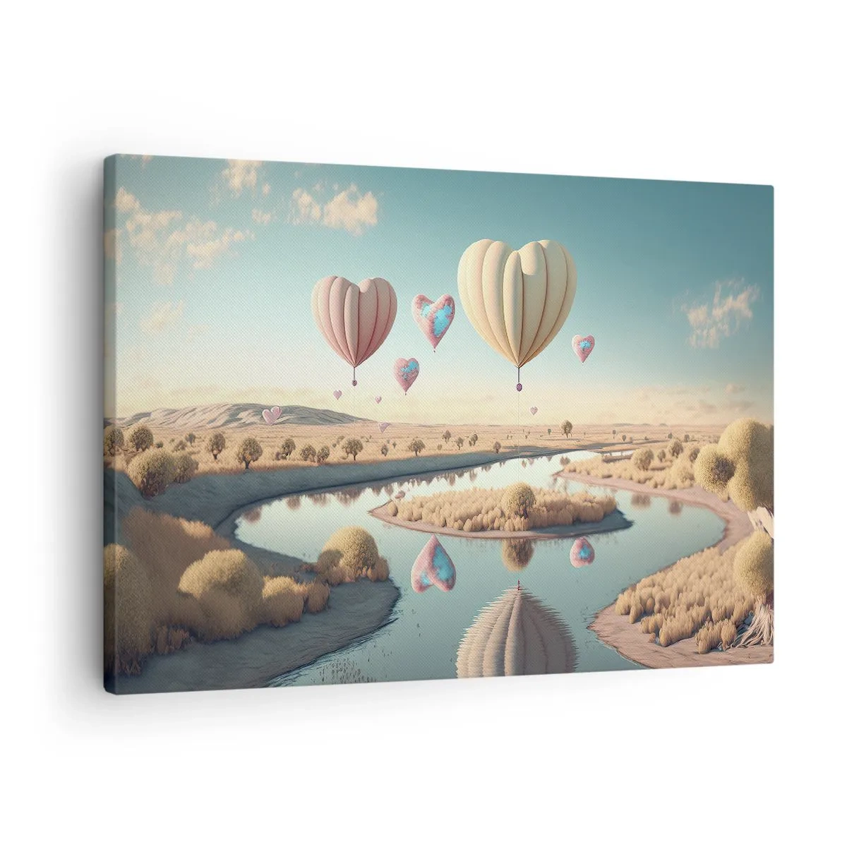 Bild auf Leinwand - Leinwandbild - Herzförmige Ballons schweben über der Landschaft - 70x50cm - Dank Liebe steigt man auf - Moderne Wanddekoration für Wohnzimmer und Schlafzimmer ARTTOR