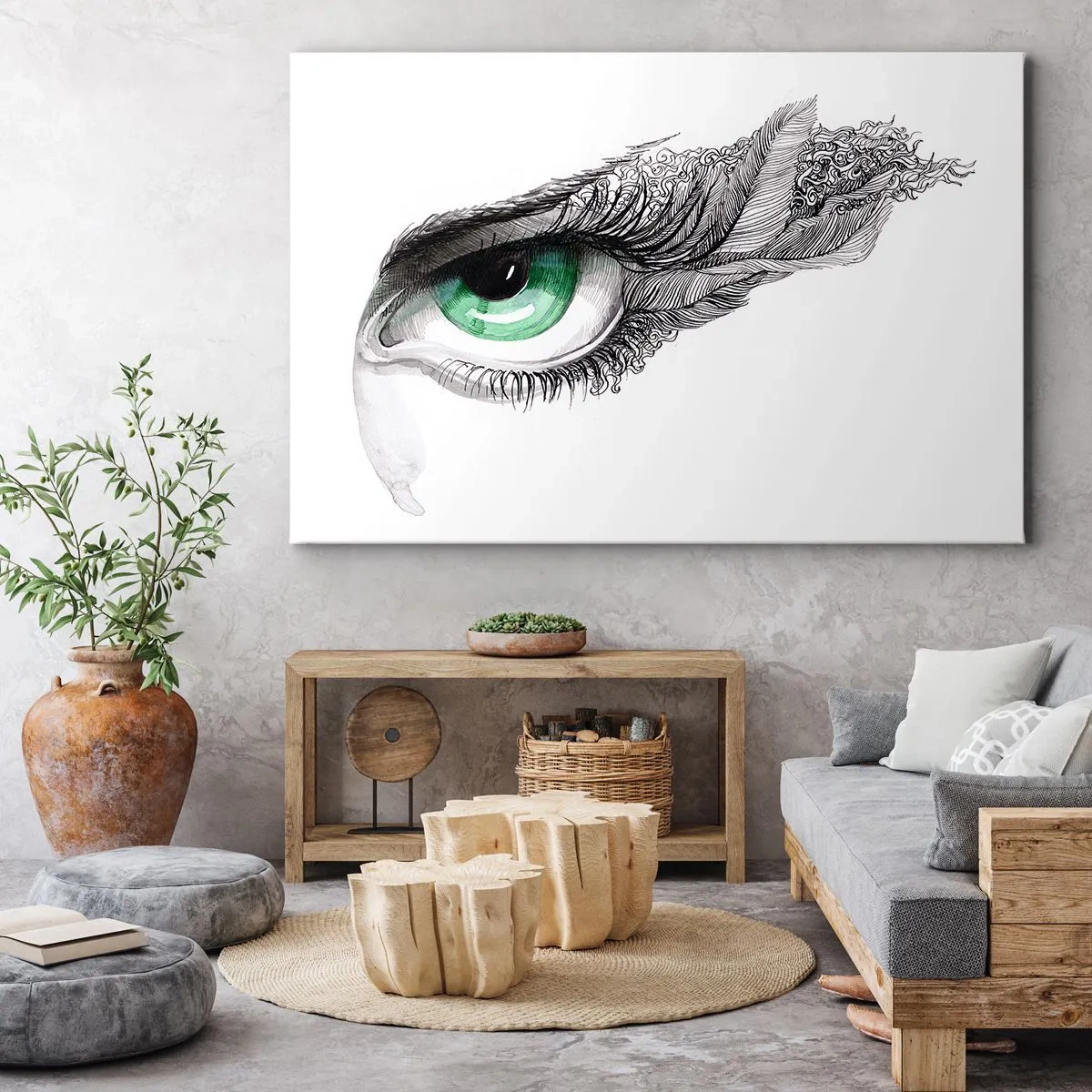 Bild auf Leinwand - Leinwandbild - Künstlerisches Auge mit grüner Iris und Zeichnungsdetails - 100x70cm - Schön und bereit zum Angriff - Moderne Wanddekoration für Wohnzimmer und Schlafzimmer ARTTOR