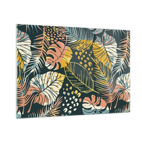 Glasbild - Bild auf glas - Ein Muster aus tropischen Blättern in leuchtenden Farben, voller Energie und Exotik. - 100x70cm - Grüne Fantasie - Moderne Wanddekoration für Wohnzimmer und Schlafzimmer ARTTOR