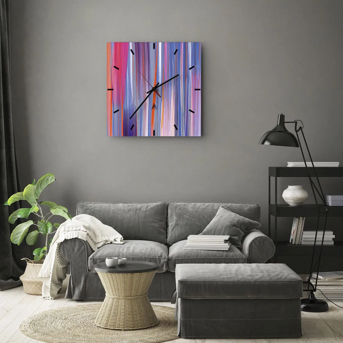 Wanduhr - Glasuhr - Abstrakte vertikale Linien in Blau- und Rosatönen - 30x30cm - Aufstieg zum Regenbogen - Moderne Wanddekoration für Wohnzimmer und Schlafzimmer ARTTOR