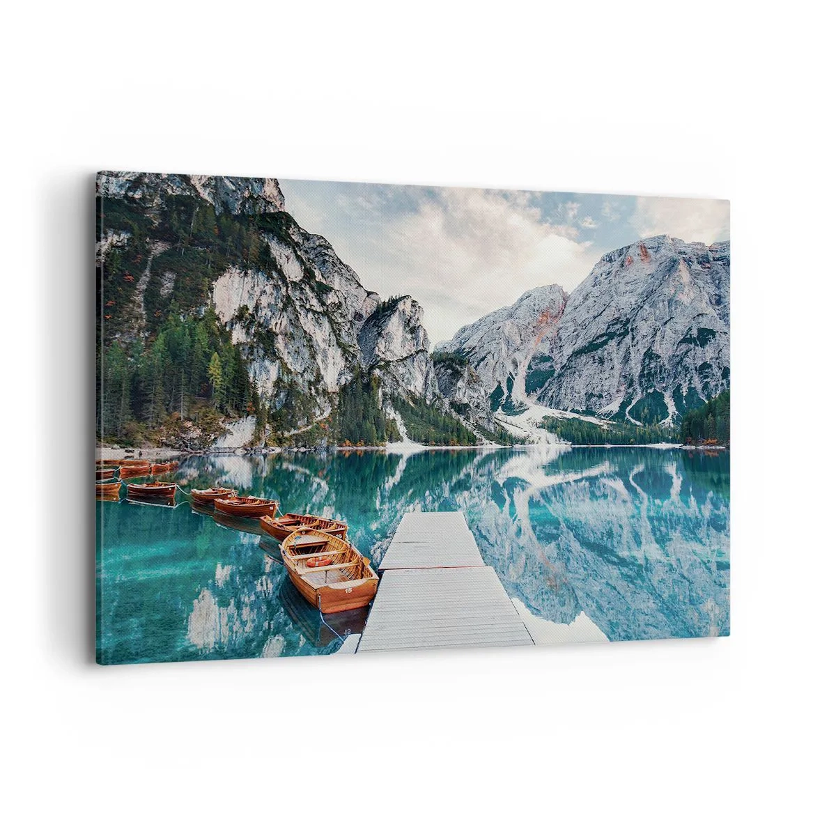 Bild auf Leinwand - Leinwandbild - Ein See mit Booten, umgeben von Bergen - 100x70cm - Wir zeigen Ihnen Schönheit - Moderne Wanddekoration für Wohnzimmer und Schlafzimmer ARTTOR