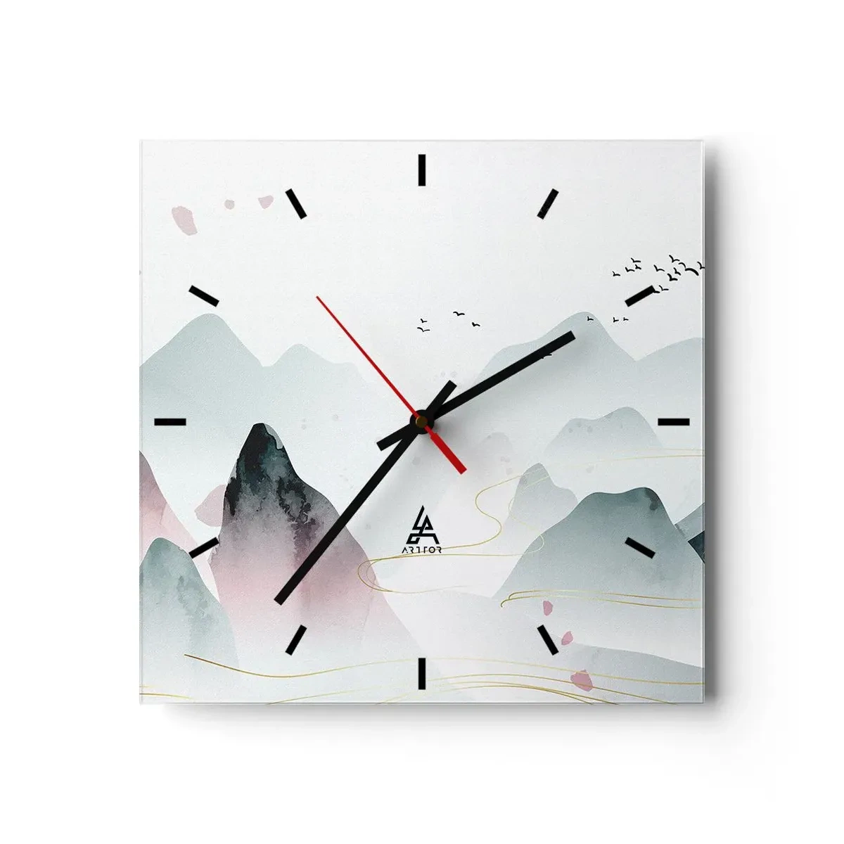 Wanduhr - Glasuhr - Abstrakte Berge in Pastelltönen - 30x30cm - Über die Gipfel - Moderne Wanddekoration für Wohnzimmer und Schlafzimmer ARTTOR