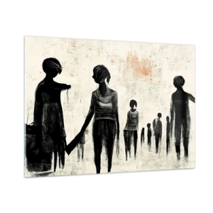Glasbild - Bild auf glas - Schwarze Figuren in Bewegung auf hellem Hintergrund mit roter Textur - 100x70cm - Gegen die Einsamkeit - Moderne Wanddekoration für Wohnzimmer und Schlafzimmer ARTTOR