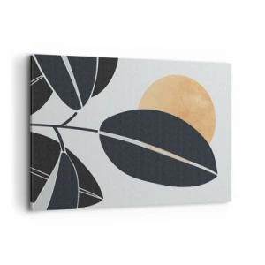Bild auf Leinwand - Leinwandbild - Ein minimalistisches Blattmotiv mit einer strahlenden Sonne im Hintergrund. - 120x80cm - Heißer Sommertag - Moderne Wanddekoration für Wohnzimmer und Schlafzimmer ARTTOR