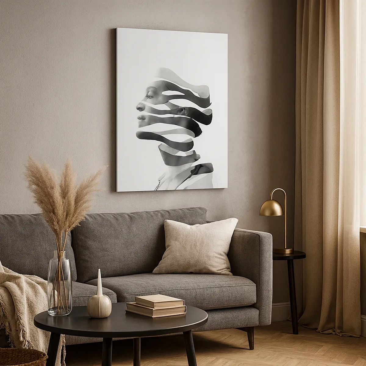 Bild auf Leinwand - Leinwandbild - Schwarz-Weiß-Porträt einer Frau mit surrealem Streifeneffekt - 50x70cm - Surreales Porträt - Moderne Wanddekoration für Wohnzimmer und Schlafzimmer ARTTOR